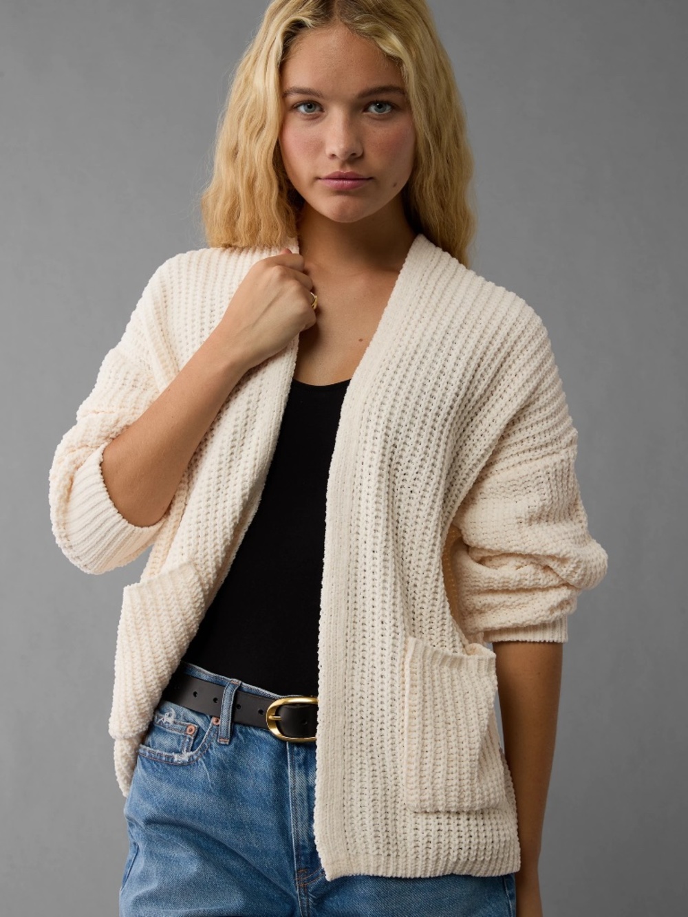 American Eagle AE Open Front Cardigan Cream Size S